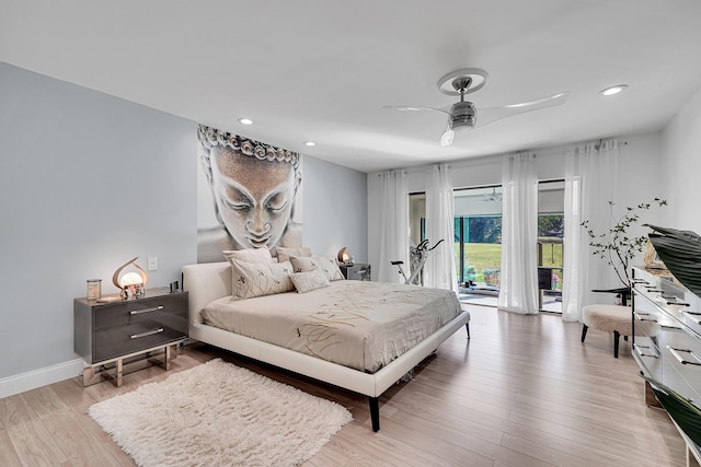 bedroom featuring recessed lighting, light wood-style flooring, ceiling fan, access to outside, and baseboards