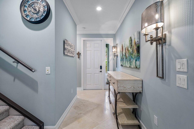 entrance foyer featuring recessed lighting, crown molding, stairway, and baseboards