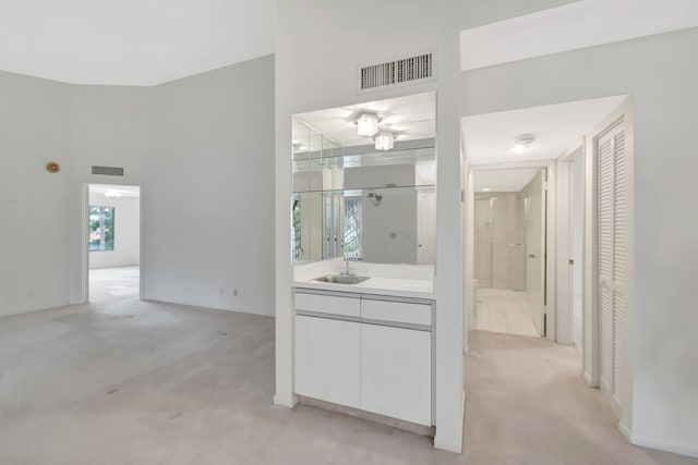 interior space with visible vents, a high ceiling, a closet, and vanity