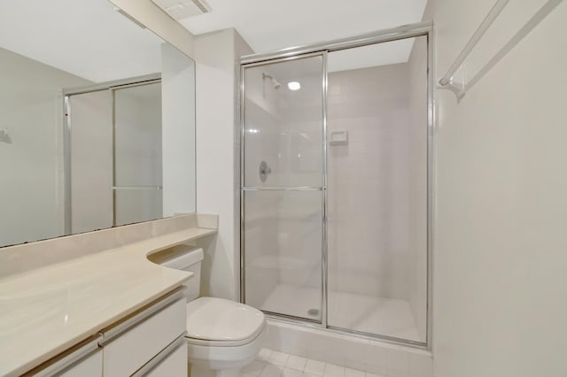 full bath featuring visible vents, toilet, a stall shower, tile patterned floors, and vanity