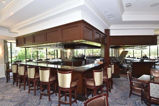 bar with visible vents, a raised ceiling, crown molding, and a community bar