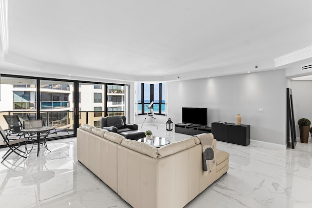 living area featuring recessed lighting, marble finish floor, crown molding, and baseboards