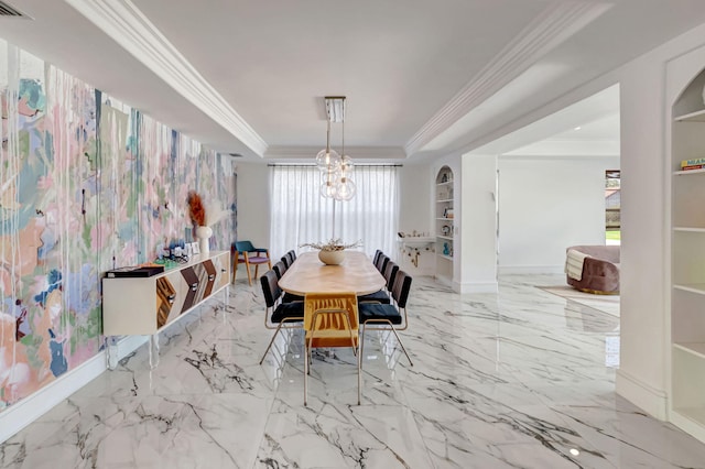 dining space featuring built in shelves, a tray ceiling, marble finish floor, and ornamental molding