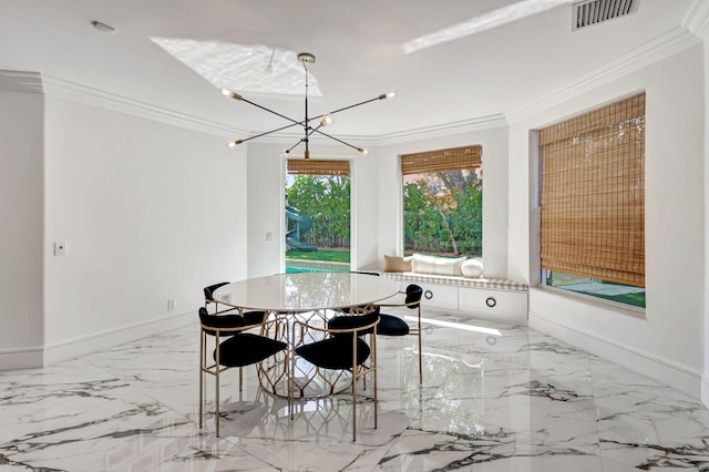 dining space featuring a chandelier, marble finish floor, ornamental molding, and visible vents