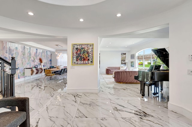 corridor with ornamental molding, recessed lighting, marble finish floor, and baseboards