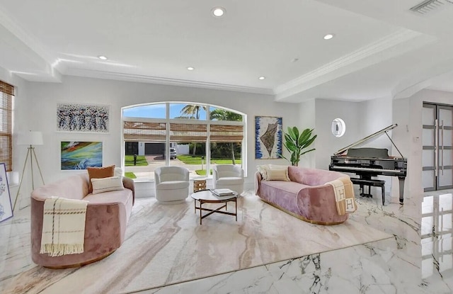 living area featuring marble finish floor, visible vents, crown molding, and recessed lighting