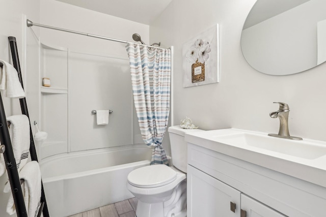 bathroom with shower / bathtub combination with curtain, toilet, wood finished floors, and vanity