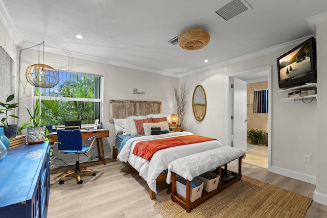 18989 SE Hillcrest Dr, Jupiter, FL 33469 - bedroom with ornamental molding, light wood-style floors, an office area, baseboards, and recessed lighting