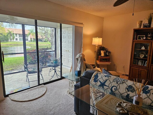 carpeted bedroom featuring a textured ceiling and a water view