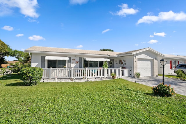 ranch-style home featuring an attached garage, covered porch, driveway, and a front lawn