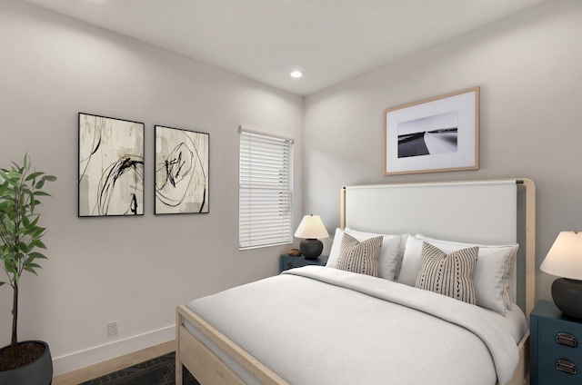 bedroom featuring baseboards, dark wood-style flooring, and recessed lighting