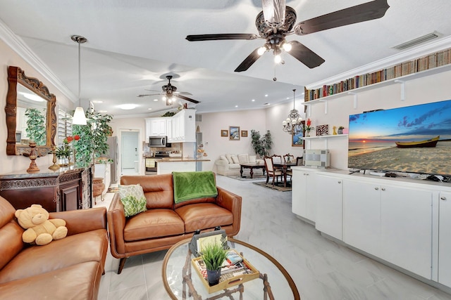 living area with recessed lighting, visible vents, a ceiling fan, and ornamental molding