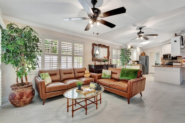 living area with ceiling fan, ornamental molding, and a textured ceiling