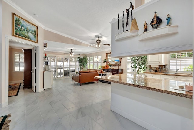 kitchen with ornamental molding, white cabinets, and a sink