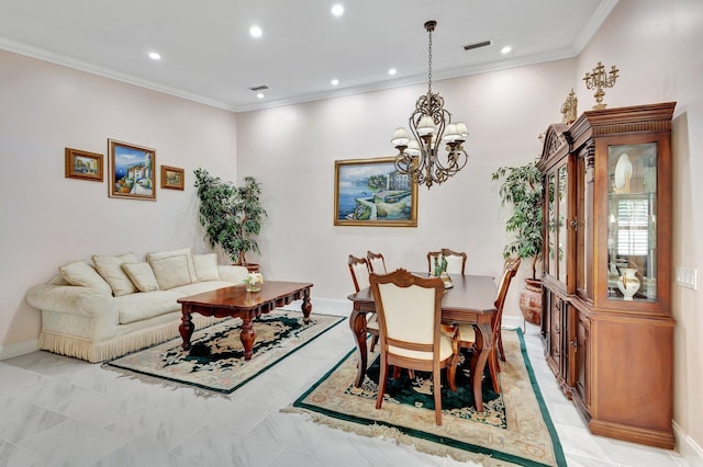 interior space featuring baseboards, visible vents, crown molding, and recessed lighting