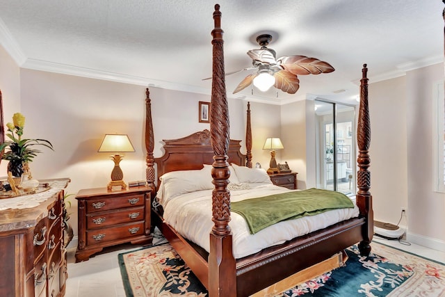 bedroom featuring light tile patterned floors, ceiling fan, baseboards, and crown molding