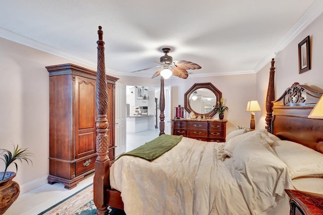 bedroom with baseboards, ornamental molding, and a ceiling fan