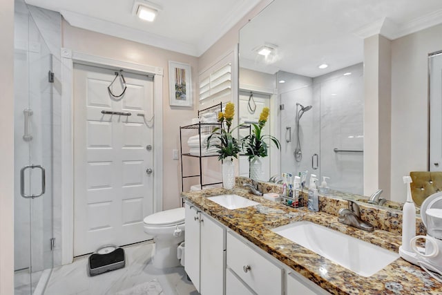 4047 Grove Point Rd, Palm Beach Gardens, FL 33410 - full bath with crown molding, a stall shower, double vanity, toilet, and marble finish floors