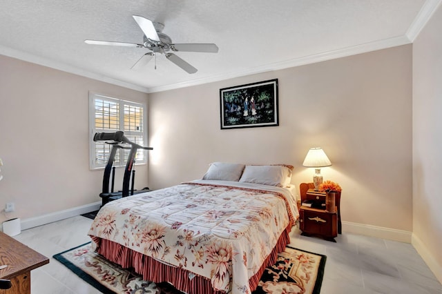 bedroom with crown molding, a textured ceiling, baseboards, and ceiling fan