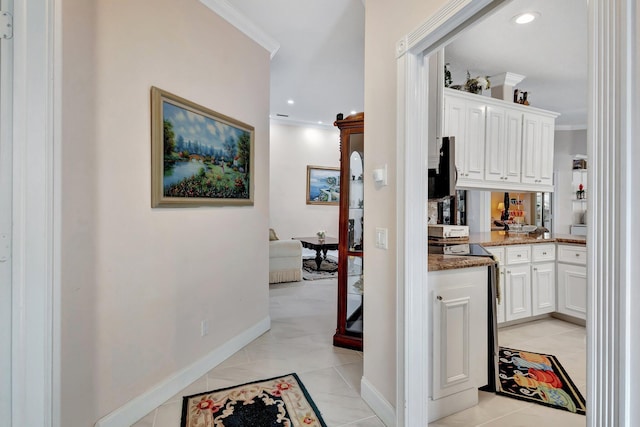 bar with baseboards, recessed lighting, light tile patterned flooring, and crown molding