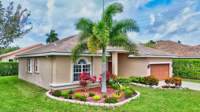 view of front of house featuring a garage, concrete driveway, a front lawn, and stucco siding