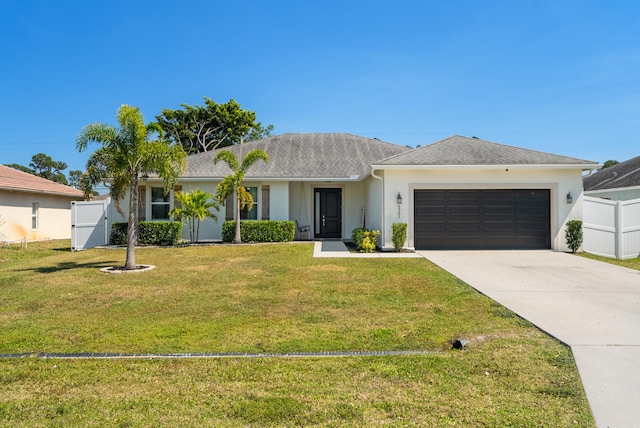 single story home with fence, concrete driveway, a front yard, stucco siding, and an attached garage