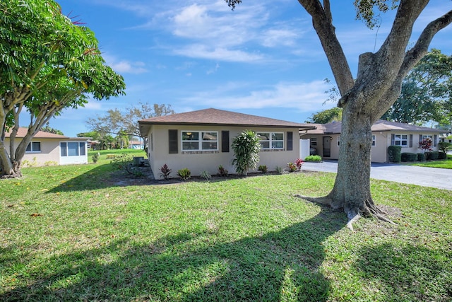 ranch-style house featuring driveway, a front lawn, and stucco siding