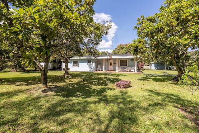 view of front facade with a patio and a front lawn