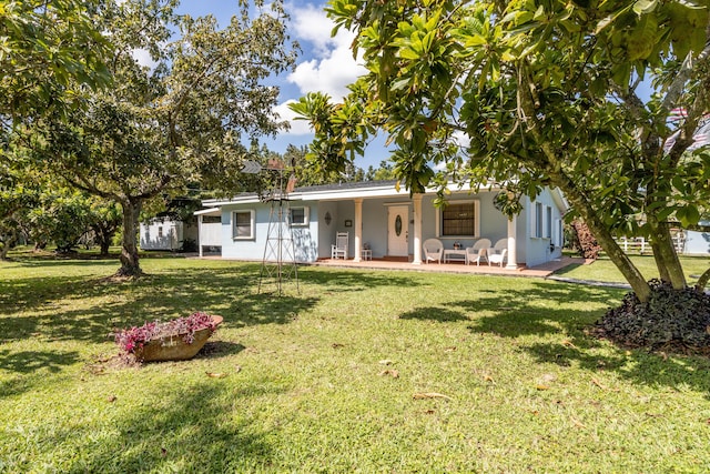 ranch-style home with a front yard and stucco siding