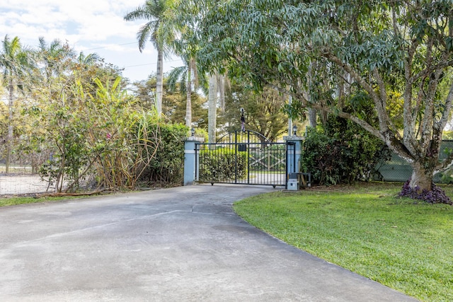 view of gate with a lawn