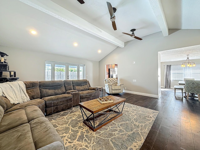 living area with lofted ceiling with beams, baseboards, dark wood-style flooring, and ceiling fan with notable chandelier