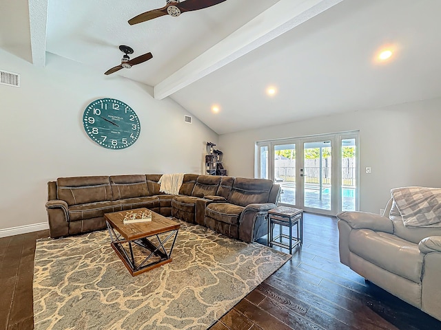 living room with french doors, visible vents, lofted ceiling with beams, and hardwood / wood-style floors