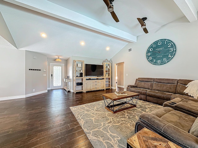 living area with dark wood-style flooring, vaulted ceiling with beams, visible vents, a ceiling fan, and baseboards