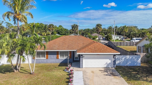 ranch-style home with roof with shingles, concrete driveway, a front yard, fence, and a garage