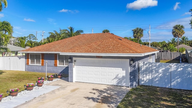 ranch-style home featuring roof with shingles, fence, a garage, driveway, and a front lawn