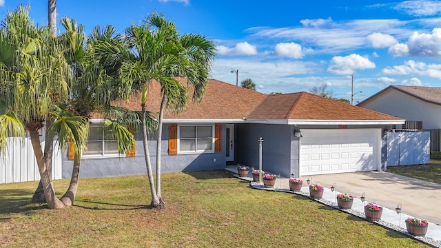 single story home featuring an attached garage, fence, driveway, stucco siding, and a front yard