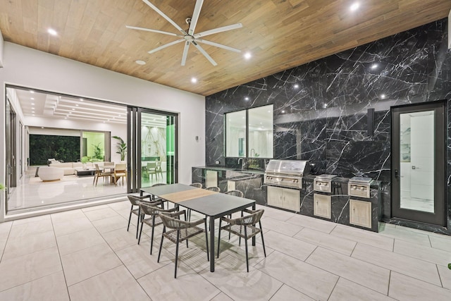 dining space with tile walls, light tile patterned floors, recessed lighting, a ceiling fan, and wooden ceiling