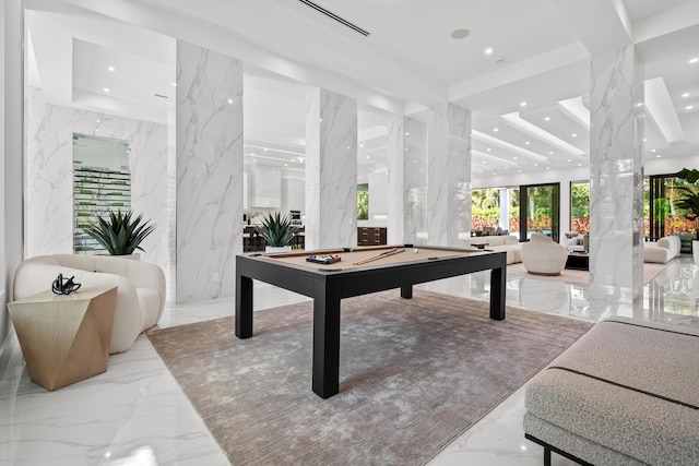 recreation room featuring stone wall, marble finish floor, pool table, and recessed lighting