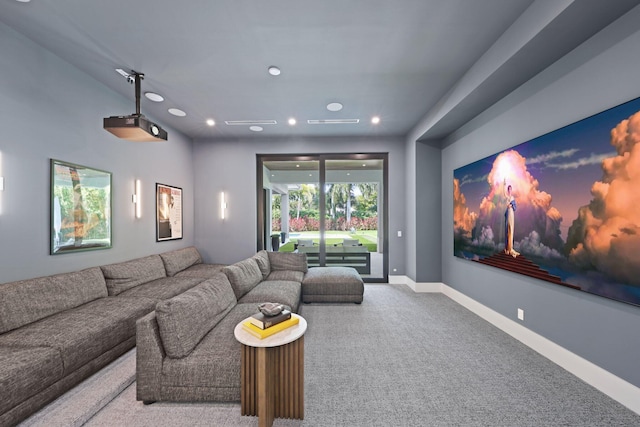 home theater featuring recessed lighting, carpet flooring, and baseboards