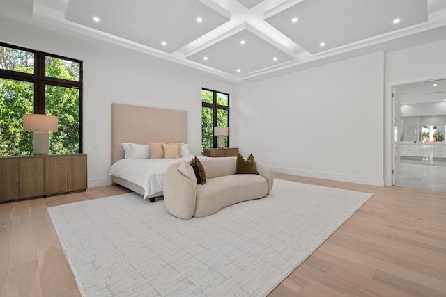 bedroom featuring recessed lighting, baseboards, coffered ceiling, and light wood finished floors