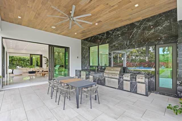 view of patio with ceiling fan, outdoor dining area, an outdoor hangout area, area for grilling, and grilling area