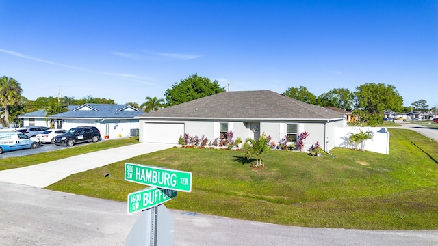 ranch-style house with concrete driveway, roof with shingles, an attached garage, a front lawn, and stucco siding