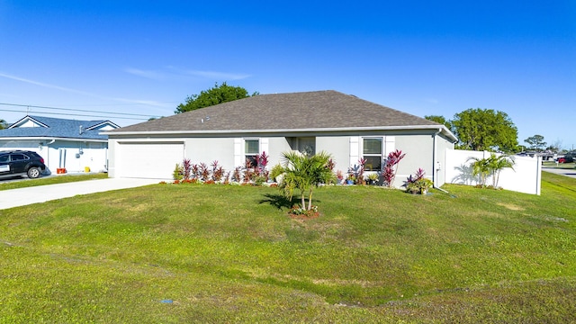 single story home with a garage, fence, a front lawn, and stucco siding