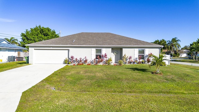 single story home with a garage, concrete driveway, a front lawn, central AC, and stucco siding