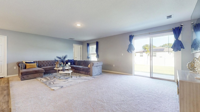 carpeted living area featuring visible vents, a textured ceiling, and baseboards