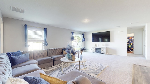 living room featuring carpet floors and visible vents