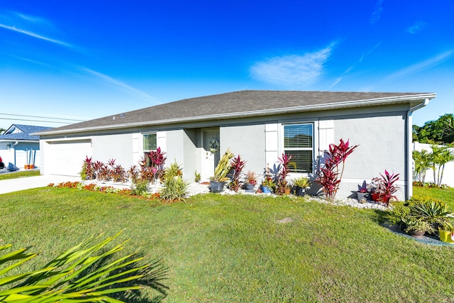 single story home featuring roof with shingles, stucco siding, concrete driveway, a garage, and a front lawn