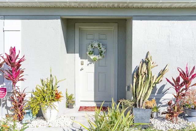 entrance to property with stucco siding