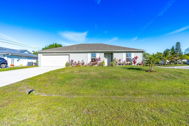 ranch-style home with a garage, central AC, concrete driveway, stucco siding, and a front lawn