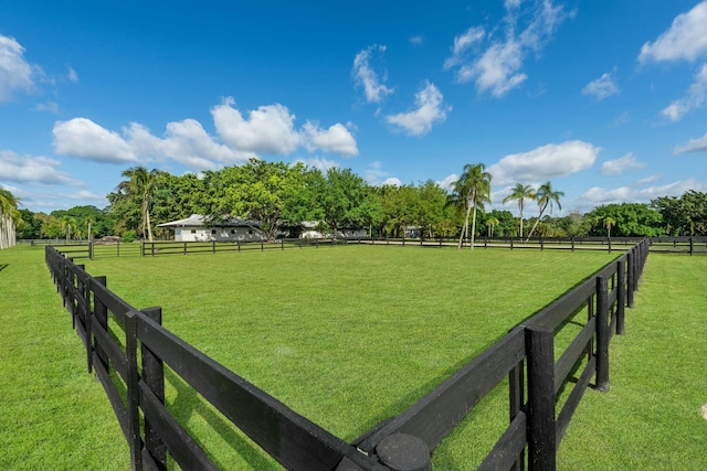 surrounding community with a yard, fence, and a rural view